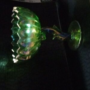 Vintage fenton or carnival glass green with irredescent shine 8in by 5in diam